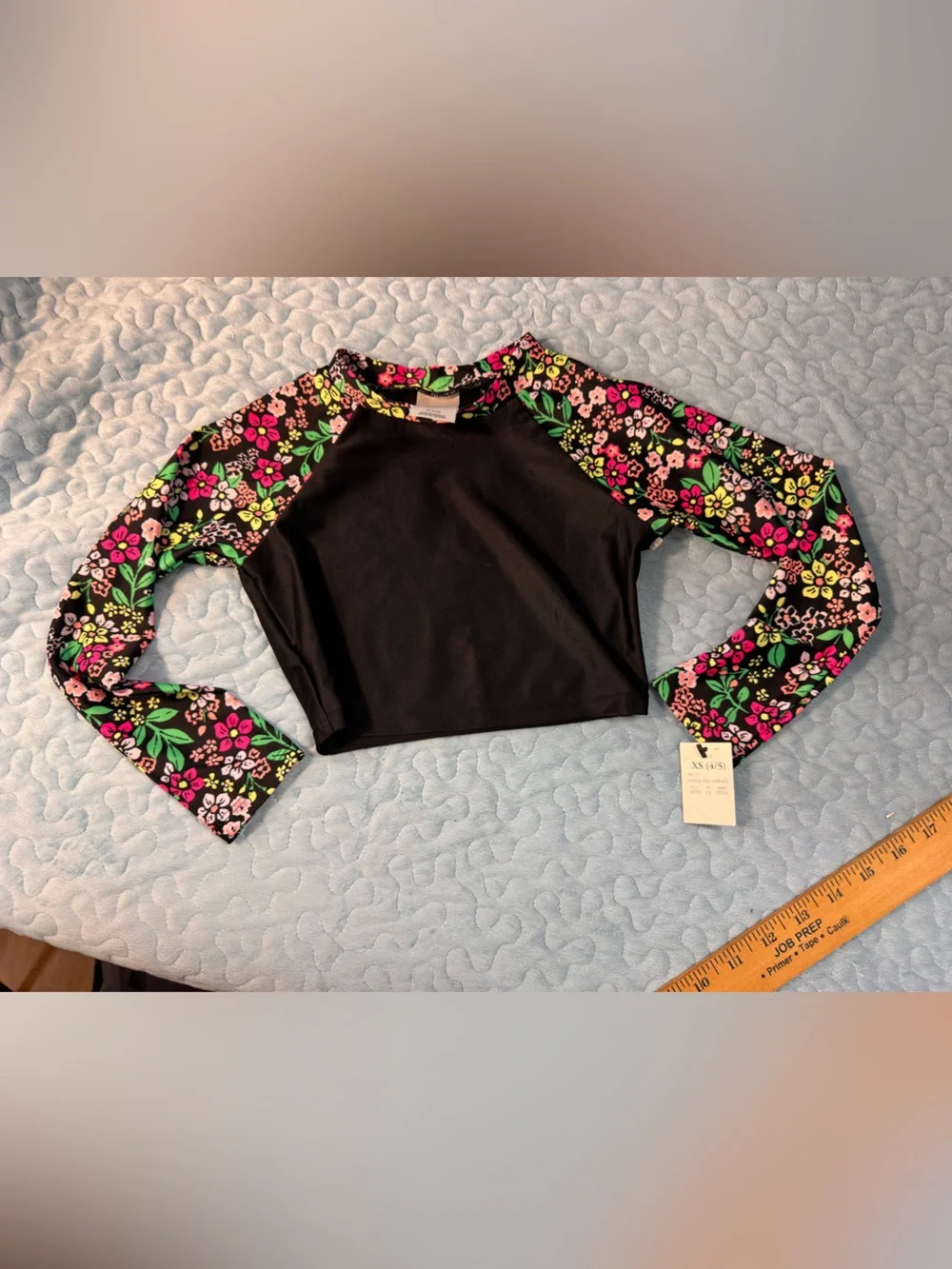 art class Black Crop Rash Guard with Pink & Green Floral Sleeves